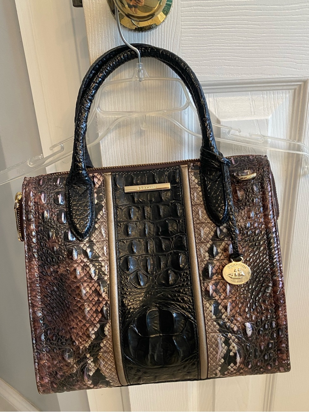 Brahmin Black, Brown and Tan Croc-Embossed Satchel